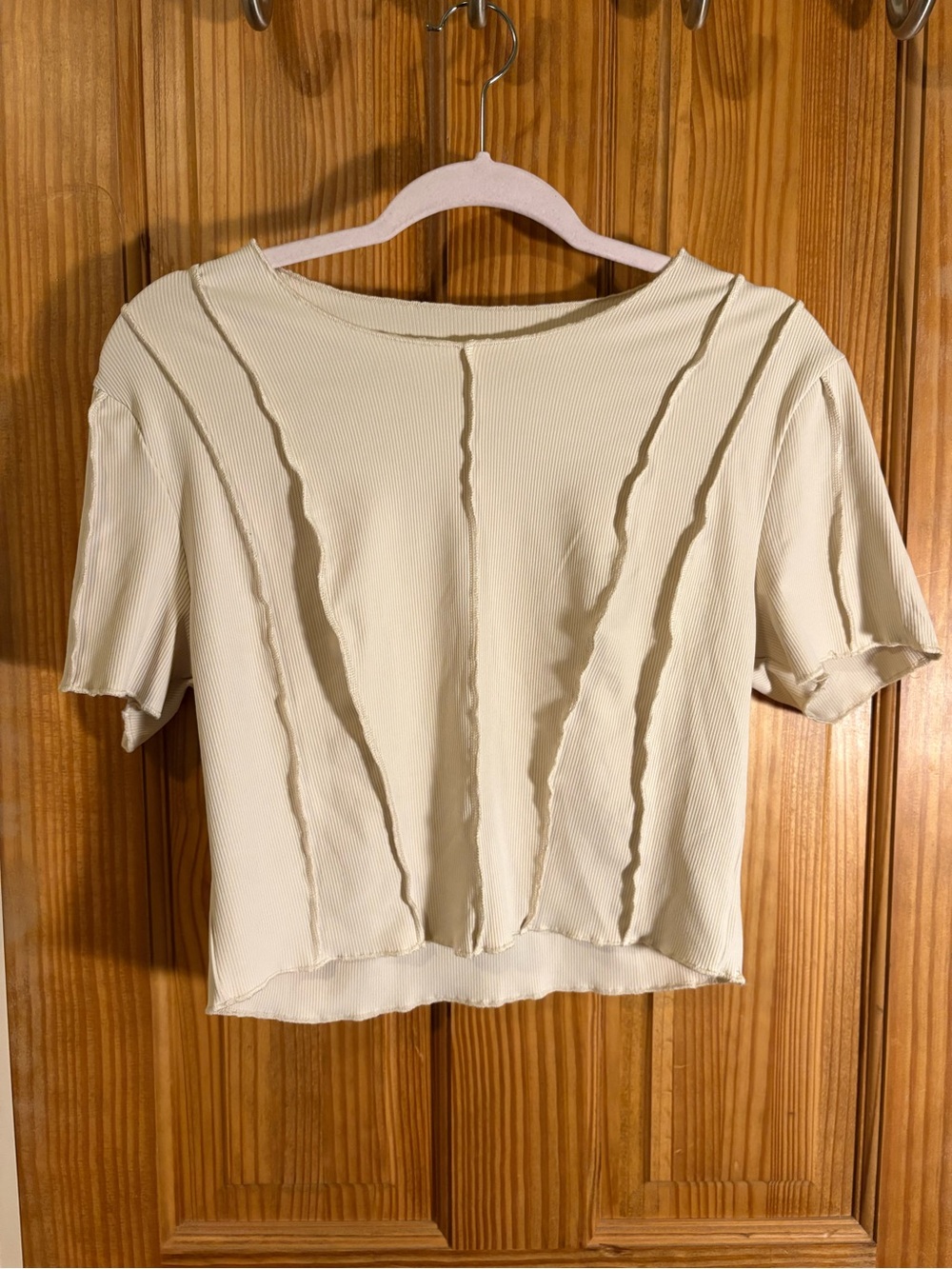 Cream Short Sleeve Ribbed Top with Seamed Detail